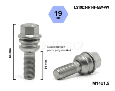Obrázek produktu pro Kolový šroub M14x1,5x34 koule R14 pohyblivá, Audi, Porsche, klíč 19, LS19D34R14-MW-VW, výška 64 mm
