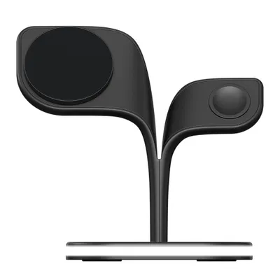 A black wireless charging station with multiple charging pads and an LED light.