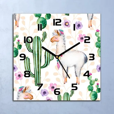 Produktbild von Wanduhr Echt-Glas-Küchenuhr  Lama Tiere Kakteen Quarz 30x30 Deko Bilder