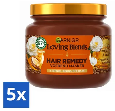 Imagen del producto de 5 mascarillas capilares Garnier Loving Blends, con aceite de argán y de camelia, para cabello seco y sin brillo, 340 ml - Paquete económico - 5 unidades