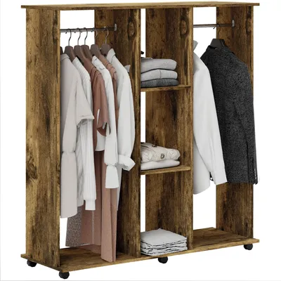 Zdjęcie produktu dla Przenośna szafa na 6 kółkach, z drążkiem na ubrania i półkami, zajmująca mało miejsca szafa do sypialni, 120 x 40 x 128 cm, brązowa