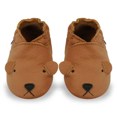Produktbild von YAHAKIDS® Baby Krabbelschuhe aus Echtleder, weiche Lauflernschuhe für Mädchen&Jungen, rutschfeste Ledersohle,Braun, Hundemotiv, Größe L (12–18 Monate)