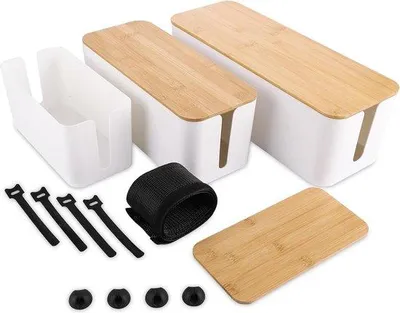 Produktbild von Drei Stück Kabelboxen mit Bambus-Ausfassung - Weiß - große, mittelgroße und kleine Kabel-Organisatoren