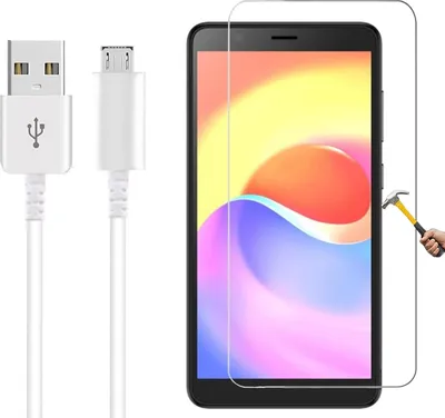 A white USB cable and a smartphone with a screen protector are displayed against a white background. A hand is shown attempting to break the screen protector with a hammer.