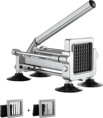 A potato slicer with interchangeable blades and suction cups is shown against a white background. Two smaller blade attachments are shown below the main product.