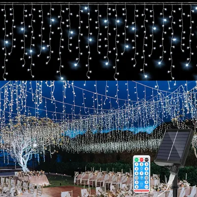 Zdjęcie produktu dla TolleTour 5M, 198 diod LED, solarna girlanda świetlna, zewnętrzna girlanda LED, dekoracyjny panel LED, świąteczne oświetlenie, IP44, wodoodporna, światło białe