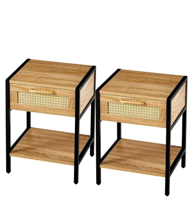 Produktbild von Rattan-Beistelltisch-Set, Nachttisch im Retro-Stil, Boho-Nachttisch mit Ablage, 2-teiliges Set, Einheitsgröße