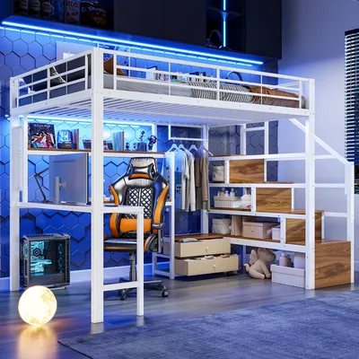 Produktbild von Flieks Etagenbett 140x200cm mit Schreibtisch und Regal, Hochbett mit Led, Kinderbett mit Kleiderstange und Stauraumtreppe, Stockbett Weiß
