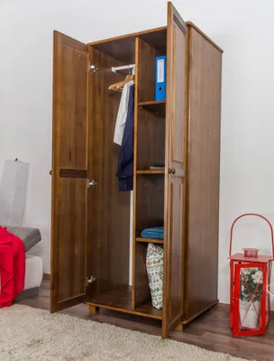 Produktbild von Kleiderschrank Kiefer Vollholz massiv Eichefarben 2-türig 190x80x60 cm mit 1 Kleiderstange und 4 Fächern