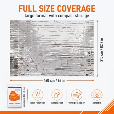 Imagen del producto de Manta térmica plateada, 160x210 cm, aislante térmico, impermeable, para emergencias
