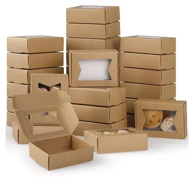 Produktbild von 40 Stück Kraftpapier Box mit Sichtfenster,GeeRic Weihnachtskeks-Keksbox (9.7 * 7 * 3CM), n Backen Süßigkeitenboxen für Gebäck, Muffins, Macarons, Keksbox