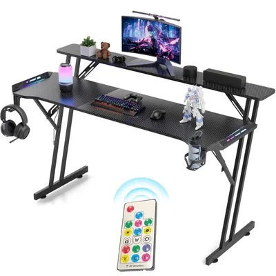 Produktbild von Gaming Tisch 150cm mit Monitorständer & LED Beleuchtung, Ergonomisch Gaming Schreibtisch mit Kohlefaser Oberfläche, Computertisch mit Kopfhörerhaken