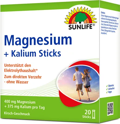Produktbild von SUNLIFE® Magnesium 400 mg + Kalium Sticks 20 Stk Kirsche Elektrolyt-Gleichgewicht + 375 mg Kalium Muskeln Sport Knochenunterstützung