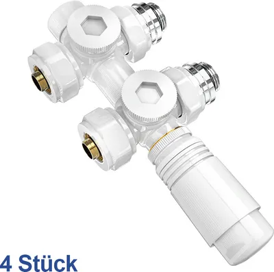 Produktbild von Heilmetz Ventil-Armaturen Anschlussarmatur inkl. Thermostat M30x1.5mm, für Heizkörper, Handtuchtrockner, Universal Eck- und Durchgangsform 50mm Weiß Optik, φ16*G1/2 (4 Stück)