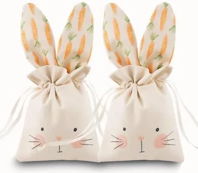 Produktbild von 2 Stück Osterhasen Taschen mit Kordelzug, Osternester zum Befüllen, Jutebeutel Ostern mit Hasenohren Ostertasche Ostertüte zum Befüllen Geschenktüten Sammeln von Ostereiern Geschenk,15x18cm