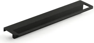 A black kitchen handle is shown against a white background.