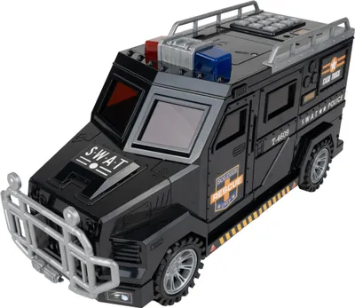 A toy police armored vehicle, likely a SWAT truck, is shown from a slightly elevated side angle against a white background.
