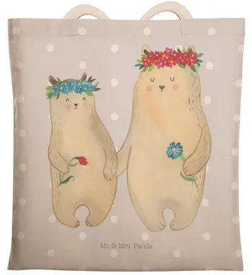 Produktbild von Mr. & Mrs. Panda Stofftragetasche Bären mit Blumenkranz - Grau Pastell - Geschenk, Tasche, Muttertag, Mama, shopping bag, Mutter, Tote, Family, Stoffbeutel, Beuteltasche