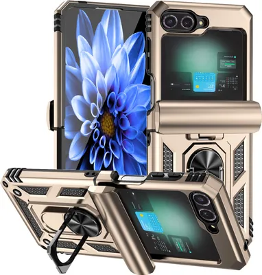 Obrázek produktu pro Hybridní pouzdro na Samsung Galaxy Z Flip 6 / Z Flip 7 FE dvouvrstvé pouzdro s prstencovým stojánkem a krytem na pant Zlato