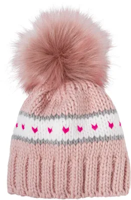 Produktbild von styleBREAKER Kinder Strick Bommelmütze mit Herzmuster und Thermo Fleece Futter, Winter Fellbommel Mütze, 3-5 Jahre 04024209
