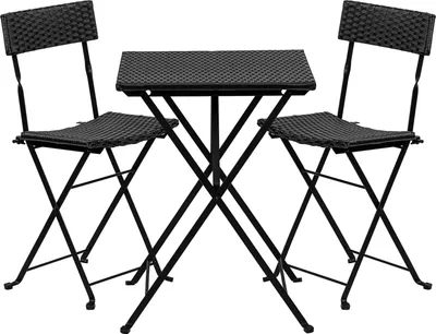 A black bistro set with a table and two chairs on a white background.