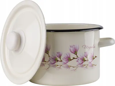 A cream-colored enamel pot with a floral design and a white lid.