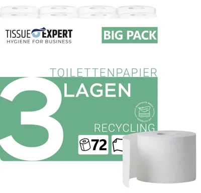 Produktbild von Toilettenpapier, 3-lagig, 72 Rollen x 250 Blatt, 100% Recycling, superweiches Klopapier