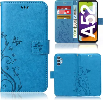 Produktbild von Handy Tasche für Samsung Galaxy A52 / A52 5G / A52s 5G  Schutz Hülle Handyhülle mit Blumenmuster Klapp Hülle mit Standfunktion und Kartenfächer Blau