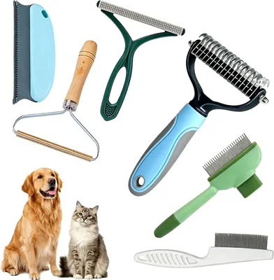 Produktbild von Tierpflege-Set, 6-in-1, für Hunde und Katzen, mit Unterwollebürste, Flohkamm, Haarentferner