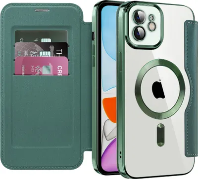 Image de Housse à rabat pour iPhone 11 compatible avec Magsafe, housse transparente porte-carte en cuir avec protection pour appareil photo Vert