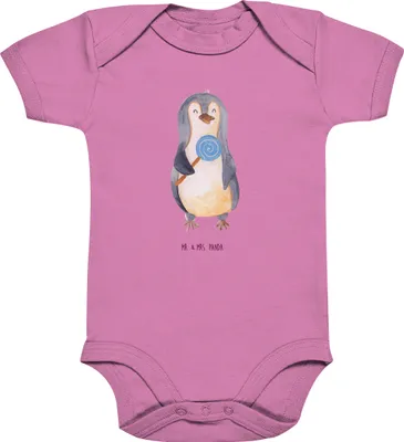 Produktbild von Mr. & Mrs. Panda overall baby Pinguin Lolli 12. - 18. Monat - Bubble Gum Pink - Geschenk, Babybody, Süß, babykleidung body, kurzarm, Strampler, Heißhunger, Süßigkeiten