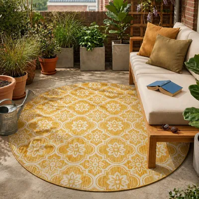 Produktbild von Volero - Outdoor Teppich Rund - Rio Flower Gelb - Ø 100cm - Balkon, Garten, Terrasse, Wintergarten - Boho