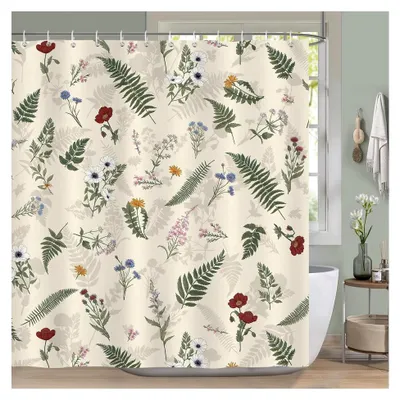 Produktbild von Duschvorhang 183 x 183 cm mit Blumen und Blättern, Boho Vintage Design, wasserdicht und schimmelresistent, Polyester mit 12 Ringen