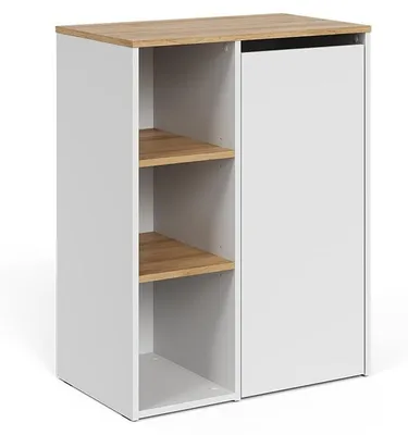 A white and wood cabinet with open shelves and a closed compartment.