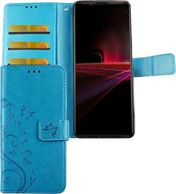 Produktbild von Sony Xperia 1 III Tasche Handy Hülle Schutz-Cover Flip-Case mit Kartenfach, Farbe:Blumen Blau