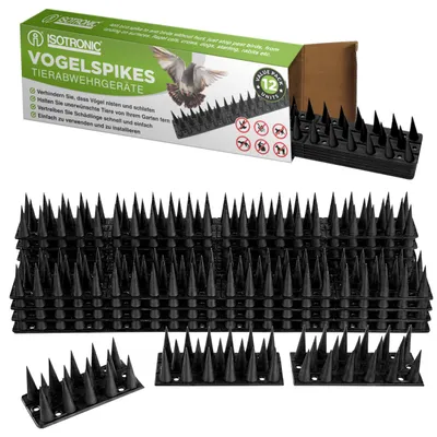 Obrázek produktu pro ISOTRONIC – Hroty na ochranu proti ptákům – Odpuzovač holubů k ochraně proti ptákům, holubům, kočkám a jezevům – Ochrana proti holubům pro plot, okenní parapet, střechu, stromy a zahradu (5,4 m | 12 kusů | Černá barva)