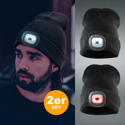 Produktbild von Eaxus® 2er Set LED Beanie Mütze mit Licht - Beleuchtete Strickmütze für Damen & Herren mit Akku, Schwarz