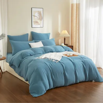 Obrázek produktu pro Sada povlečení 155x220 cm, barva: petrolejová, materiál: 100% bavlna (muslín), 3dílná sada, zapínání na zip