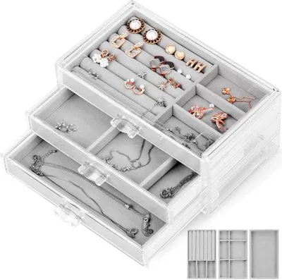 Productafbeelding van Unyqoos® Acrylsieradenkistjes met 3 lades, fluwelen binnenkant, stapelbaar en met handgrepen – elegante opbergoplossing voor ringen, oorbellen, kettingen en armbanden
