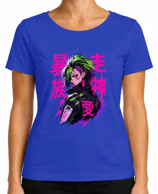 Imagen del producto de Camiseta para mujer con diseño de anime/manga, estilo cyberpunk, temática japonesa, colores neón rosa, inspirada en la estética de principios de los años 2000 (Y2K), para amantes de la cultura otaku. Color: azul. Talla: L