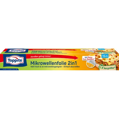 A roll of Toppits microwave cling film on a white background.