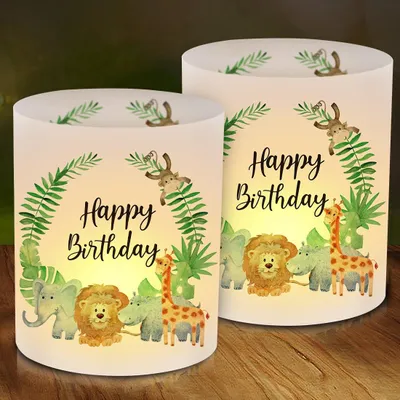 Productafbeelding van 12 Windlichten voor Tafeldecoratie, Happy Birthday Motief, Dieren en Eucalyptus