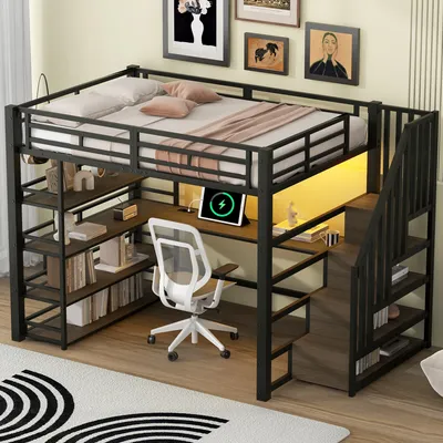 Produktbild von okwish Hochbett 140x200 Jugendbett Metallbett mit LED und Ladestation,Bettgestell Kinderbett mit 4-stöckigem Regal und integriertem Schreibtisch,Schwarz (ohne Matratze)
