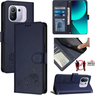 Produktbild von Leder Hülle für Xiaomi Mi 11 Pro Süße Katze Flip Case Brieftasche Schutzhülle mit Standfunktion Blau