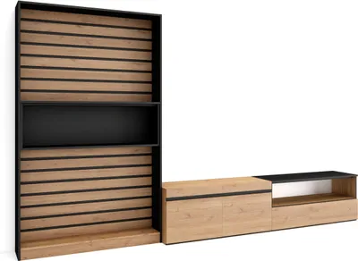 Produktbild von Wohnwand Wohnzimmer, 310x35x186cm, Für TV-Geräte bis zu 80", Wohnzimmer Möbel, Eiche und Schwarz