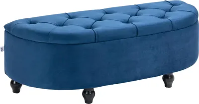 Produktbild von HOMCOM Aufbewahrungsbank, gestepptes, halbkreisf?rmiges Design, Bettfu?-Kommode mit Samtbezug, Beine aus Gummibaumholz, fš¹r Wohnzimmer, Schlafzimmer, Flur, 120 x 46 x 42 cm, Blau