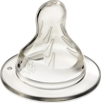 A clear, close-up studio shot of a baby bottle nipple.