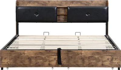 Produktbild von Bettgestell mit Stauraum-Kopfteil und Metall Lattenrost Eisenrahmenbett für Erwachsene Kinder Jugendliche 180x200cm Holzfarbe+Schwarz