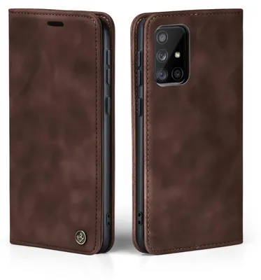 A brown flip case for a Samsung Galaxy A71 phone is shown from two angles.