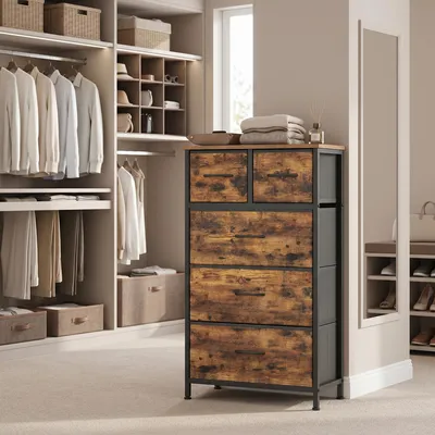 Produktbild von SONGMICS Kommode mit 5 Stoffschubladen, Schrank für Schlafzimmer, Stahlgestell, 50,6 x 30 x 96,2 cm, Rustikales Braun